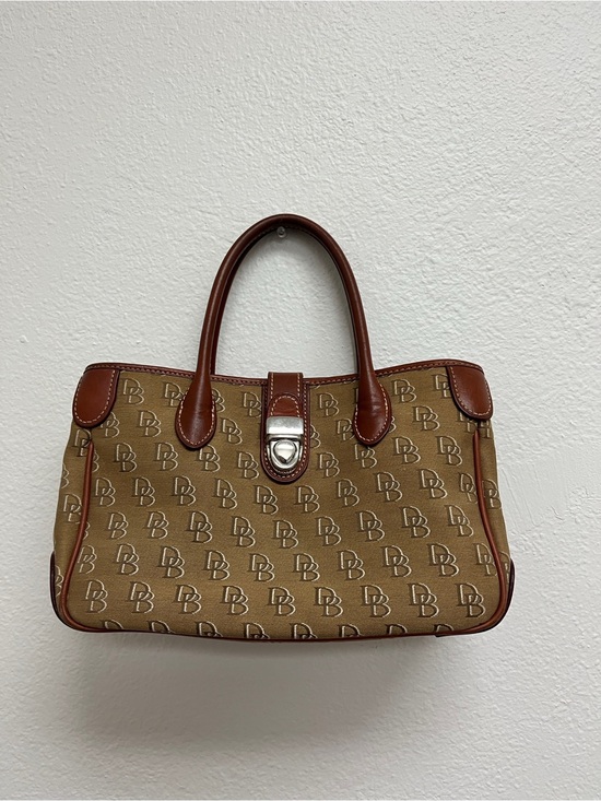 Dooney & Bourke Handbags - Dooney & Bourke Tan Monogram Satchel with Brown Leather Trim with strap